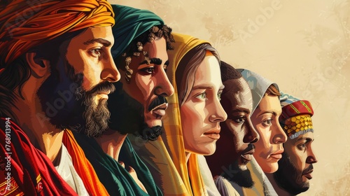 Diverse faces of Jesus, showcasing him in various ethnicities to reflect global belief, Scene illustration , Realistic painting