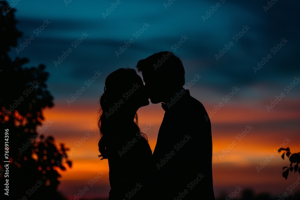 A couple embraced in a kiss against the backdrop of a stunning sunset