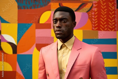 Stylish Man in Pink Suit Against Colorful Wall Generative AI