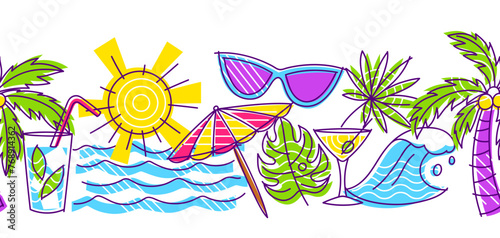 Pattern with summer items. Stylized beach objects.