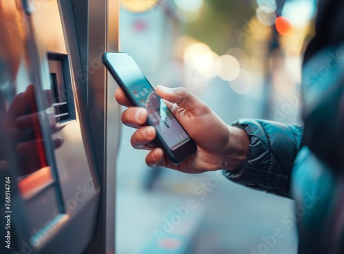 Close up of a young man's hands using a mobile phone to make a payment at an ATM machine in the city, in a closeup shot. Concept for digital travel and financial services.