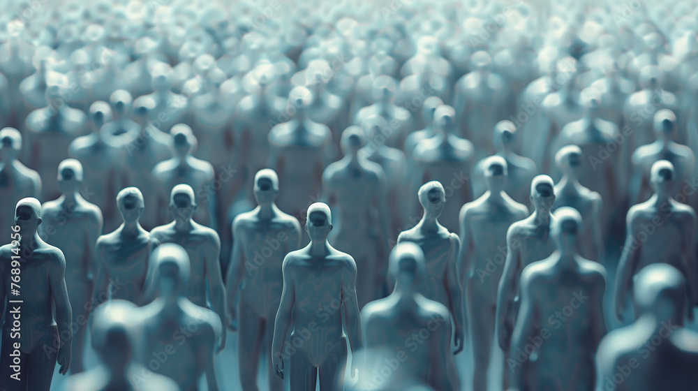 Obraz premium An arrangement of multiple identical figures with textured grey skin, creating a strong instance of crowd or collective under artificial lighting, suggesting uniformity and conformity