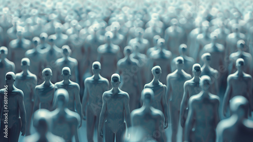 An arrangement of multiple identical figures with textured grey skin, creating a strong instance of crowd or collective under artificial lighting, suggesting uniformity and conformity photo