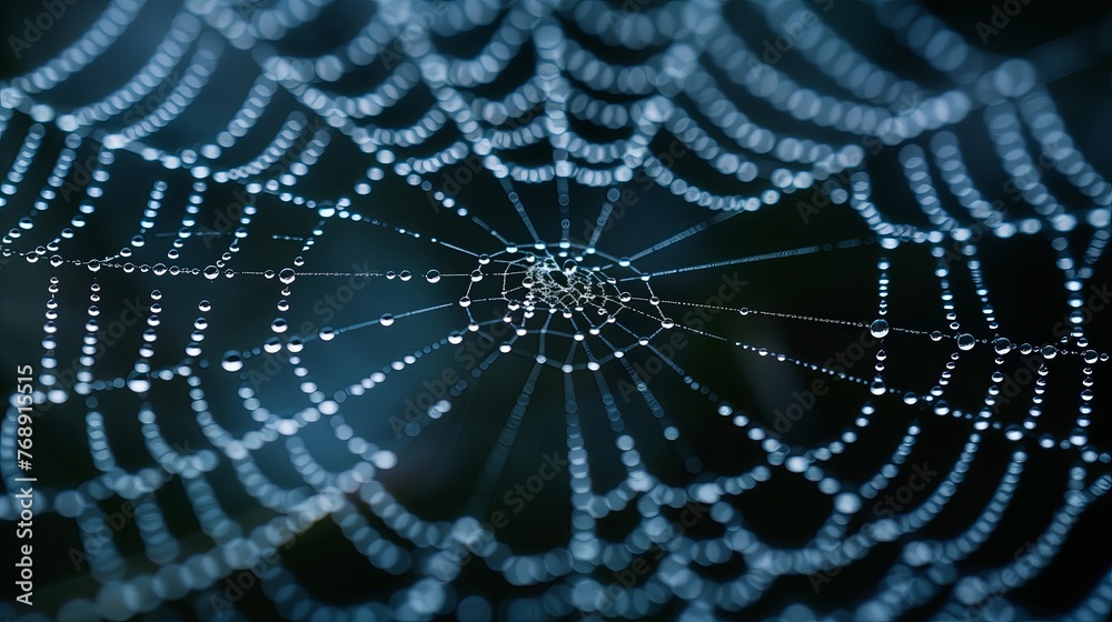 Naklejka premium Close up dew drops on the spider web on black background