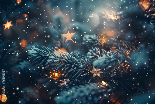 Snowy pine branches with glowing star ornaments. © SuperGlück
