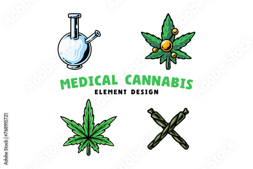 beaker bong, cannabis leaf, chemical, cigarette design element for medical company business