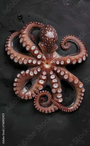 Top view of fresh octopus on a dark background, leaving space for text, this high resolution photographic stock photo is in the style of space for text