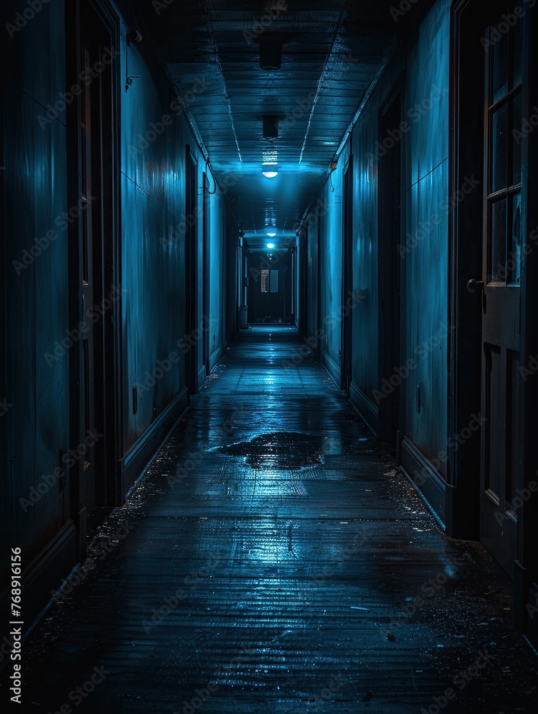 Capture the eerie atmosphere of a psychological thriller with a wide-angle shot of a dimly lit corridor, enhancing the feeling of suspense and mystery