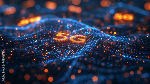 Vibrant orange and blue digital network depicting the concept of 5G technology with illuminated '5G' sign at the center..