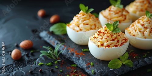 Savory Deviled Eggs with Bold Paprika on Dark Slate Surface