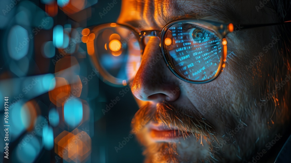 A white male looking into a computer screen in a Cybersecurity Command Center: A white male looking into a computer screen in a Cybersecurity Command Center: