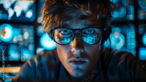 A white male looking into a computer screen in a Cybersecurity Command Center:
