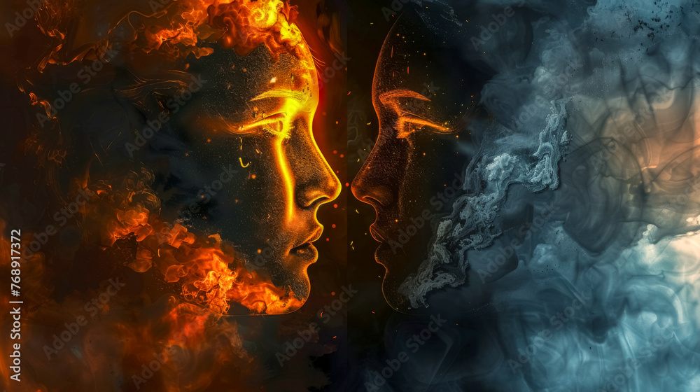 Opposing forces: fire and ice abstract faces