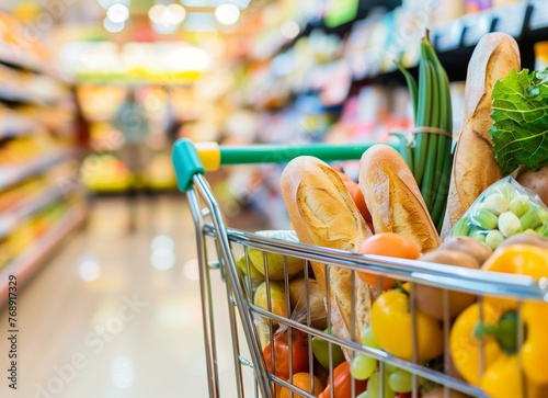 A shopping cart full of groceries including baguettes, green vegetables and fruits in the foreground with blurred shelves in the background stock photo contest winner, high resolution