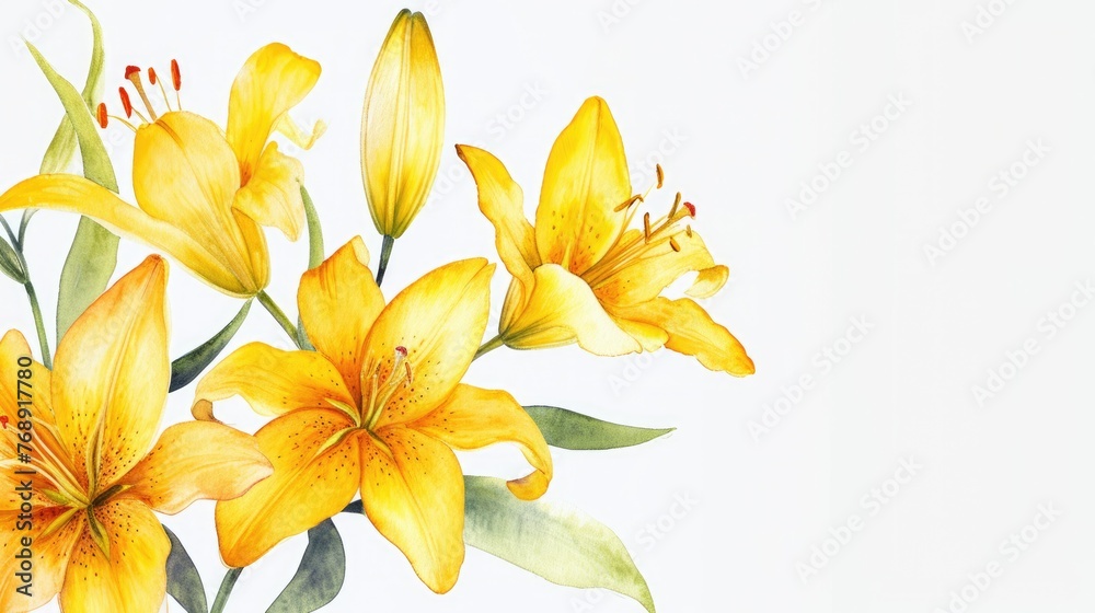 Obraz premium watercolor illustration border frame of yellow lily flower, clean white background, free copy space on the left