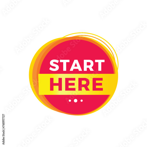 Start here red label icon for announcement, advertising, vector. Flat design template for banner.