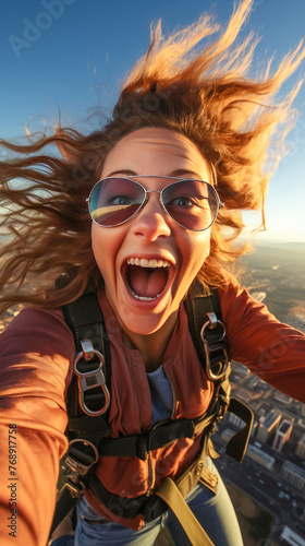 A woman with long hair and sunglasses is jumping out of a plane. She is smiling and laughing as she takes a picture of herself