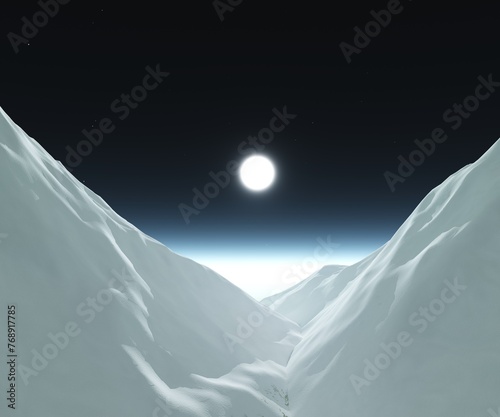 Moon in snowy peaks, mountains under the moon, 3D rendering © ustas