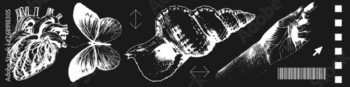 Trendy vintage summer vibes elements with a Retro photocopy effect aesthetic. y2k design of human heart, butterfly, sea shell, female hand. Negative vector illustration.
