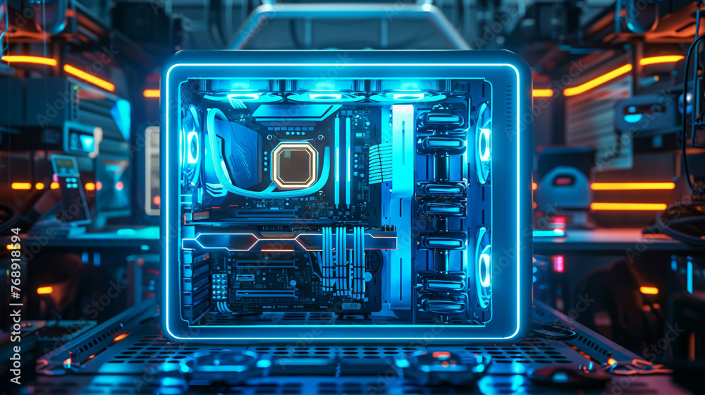 A computer case bathed in neon blue its design sleek and contemporary the lighting creating a sense of depth and technological sophistication  high resolution