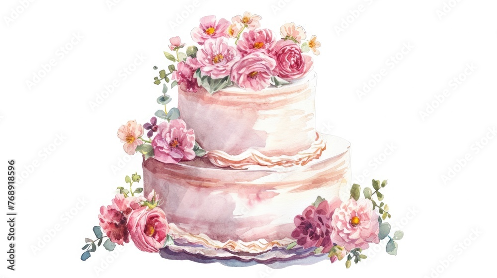 watercolor illustration of tender wedding cake with flowers on top, clean white background watercolor illustration of tender wedding cake with flowers on top, clean white background