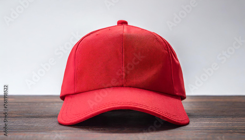Close-up of red baseball cap mock-up, front view on table.