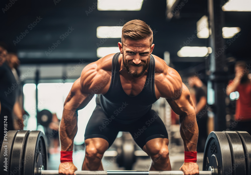 A man is lifting a barbell in a gym. He is smiling and he is enjoying himself - obrazy, fototapety, plakaty 