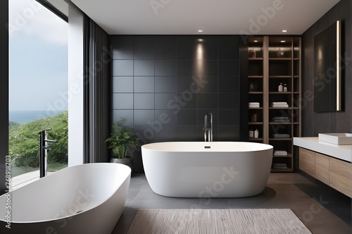 Contemporary bathroom interior  two freestanding tubs  dark walls  big window  mirror  LED lighting  natural materials  negative space