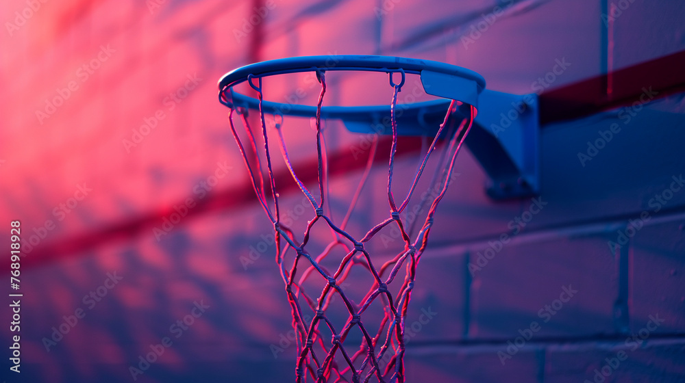 Basketball hoop silhouette against a neon blue backdrop side angle the net s shadows playing on the court creating a surreal dreamy ambiance graphic design