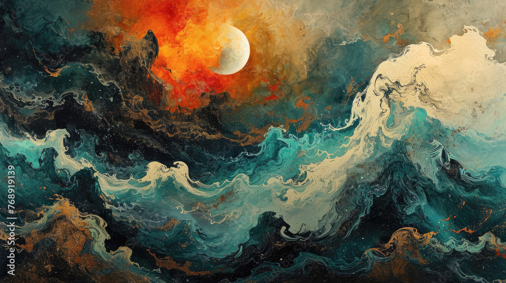 A painting of a stormy ocean with a large red moon in the sky. The mood of the painting is intense and dramatic - obrazy, fototapety, plakaty 