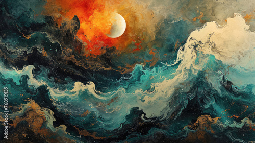 A painting of a stormy ocean with a large red moon in the sky. The mood of the painting is intense and dramatic photo