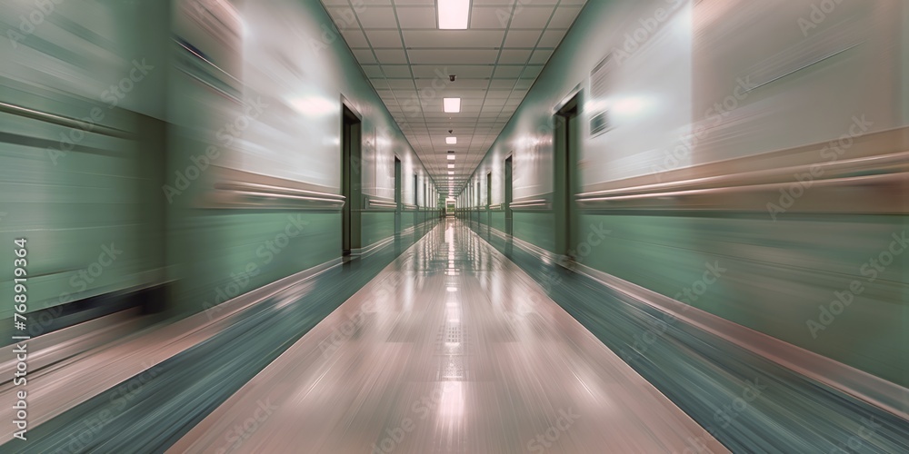 High-speed motion blur through a brightly lit hospital hallway