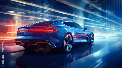 A blue car is driving down a road with a city skyline in the background. The car is sleek and modern  with a futuristic design. Scene is one of excitement and adventure