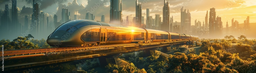 Naklejka premium A high-speed train slicing through a futuristic landscape blurring the lines between natural and engineered environments