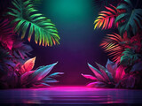 A dark room with a wooden floor and colourful plants, computer graphics by Jan Tengnagel, Artstation, computer art, retro wave, outrun, synth-wave