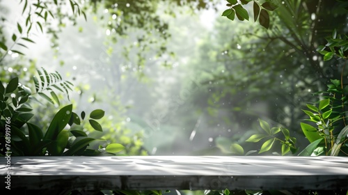 Beautiful spring background with green juicy young foliage and white empty wooden table in nature outdoor. Natural template with Beauty bokeh and sunlight  generative ai