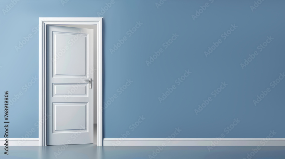 Minimalist Interior Design with White Door and Blue Wall. copy space