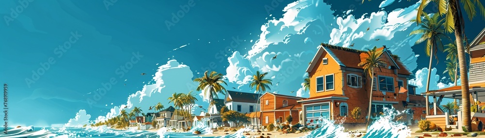 Dynamic cartoon scene of a hurricane approach with characters securing their homes and community stressing on preparedness - obrazy, fototapety, plakaty 