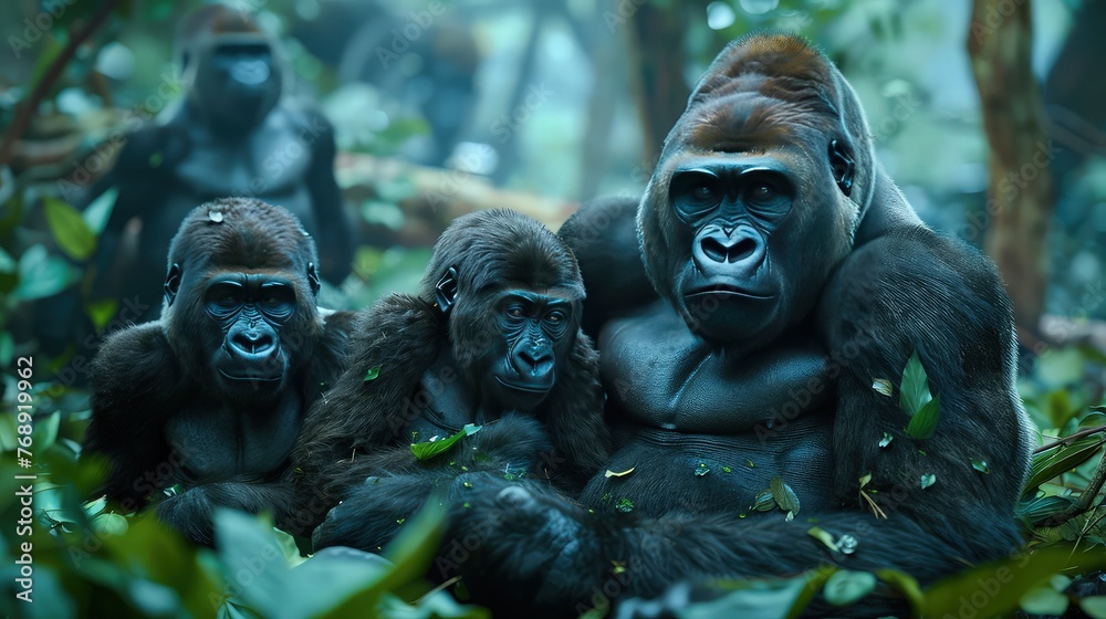 A family of gorillas huddled together in the depths of a rainforest 