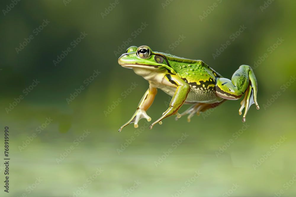 Obraz premium A green frog captured mid-leap against a clean background