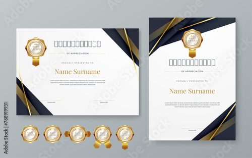 Black gold and white certificate modern elegant and luxury template with shapes. For appreciation, achievement, awards diploma, corporate, and education
