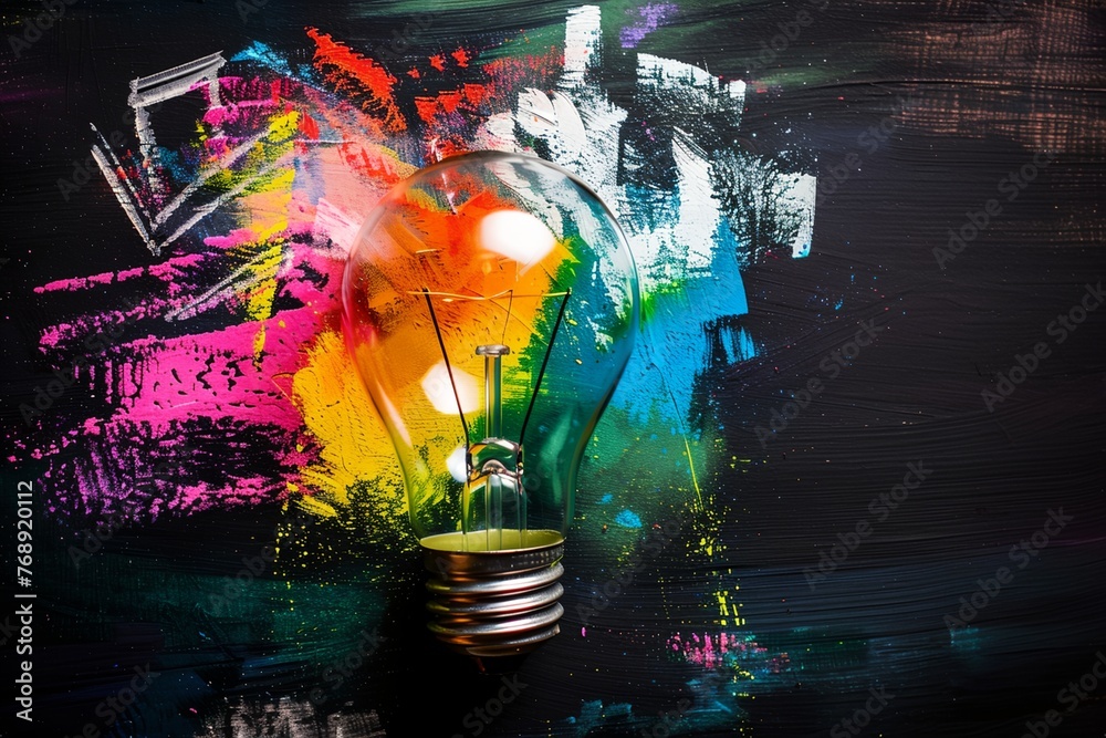 A light bulb is surrounded by colorful paint splatters on a black background