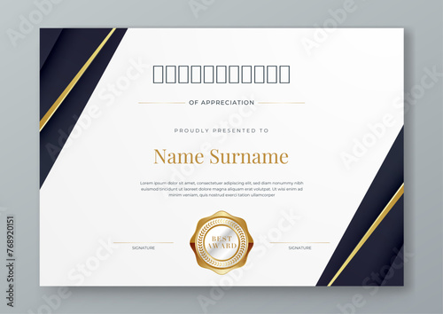 Black white and gold certificate design with luxury and modern certificate award design template pattern. Certificate of achievement, awards diploma, education, school