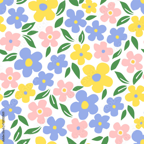 Delicate calm floral vector seamless pattern. Yellow, blue, pink flowers, green foliage on a white background. For fabric prints, textile products. Spring summer collection.