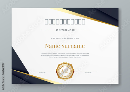 Black gold and white modern certificate template with shapes. For corporate, achievement, diploma, award, graduation, completion, appreciation, acknowledgement, recognition etc
