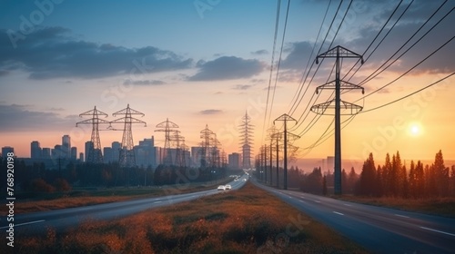 Silhouette of High-voltage power lines and high-voltage towers at sunset with the city in background. Electric energy concept. © inthasone