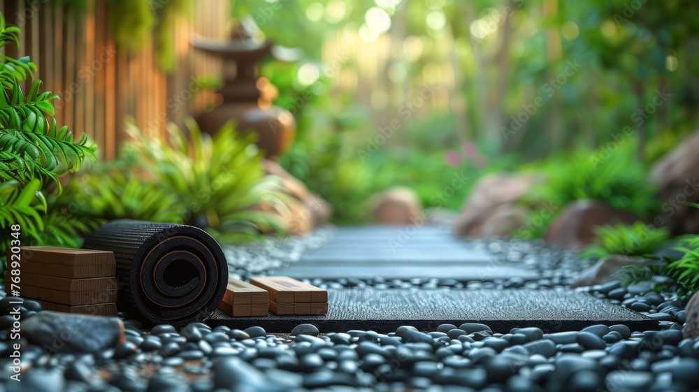 A yoga mat rolled up with blocks and a calming zen garden background A yoga mat rolled up with blocks and a calming zen garden background