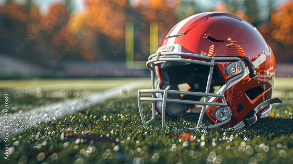 An American football helmet on the field with yard lines in view An American football helmet on the field with yard lines in view