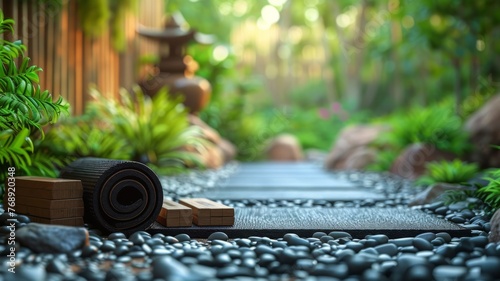 A yoga mat rolled up with blocks and a calming zen garden background