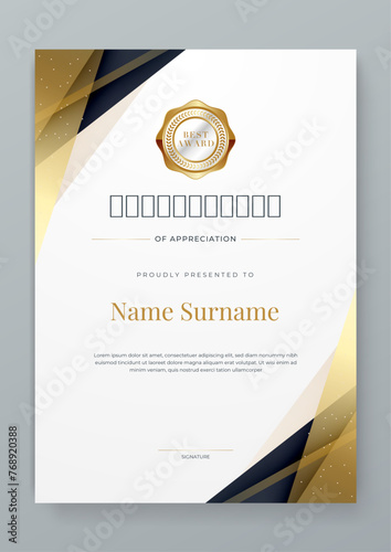 Black white and gold certificate design with luxury and modern certificate award design template pattern. Certificate of achievement, awards diploma, education, school